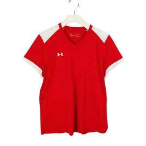 Under Armour HeatGear Red White Athletic Gym VNeck Fitted Shirt Womens Large